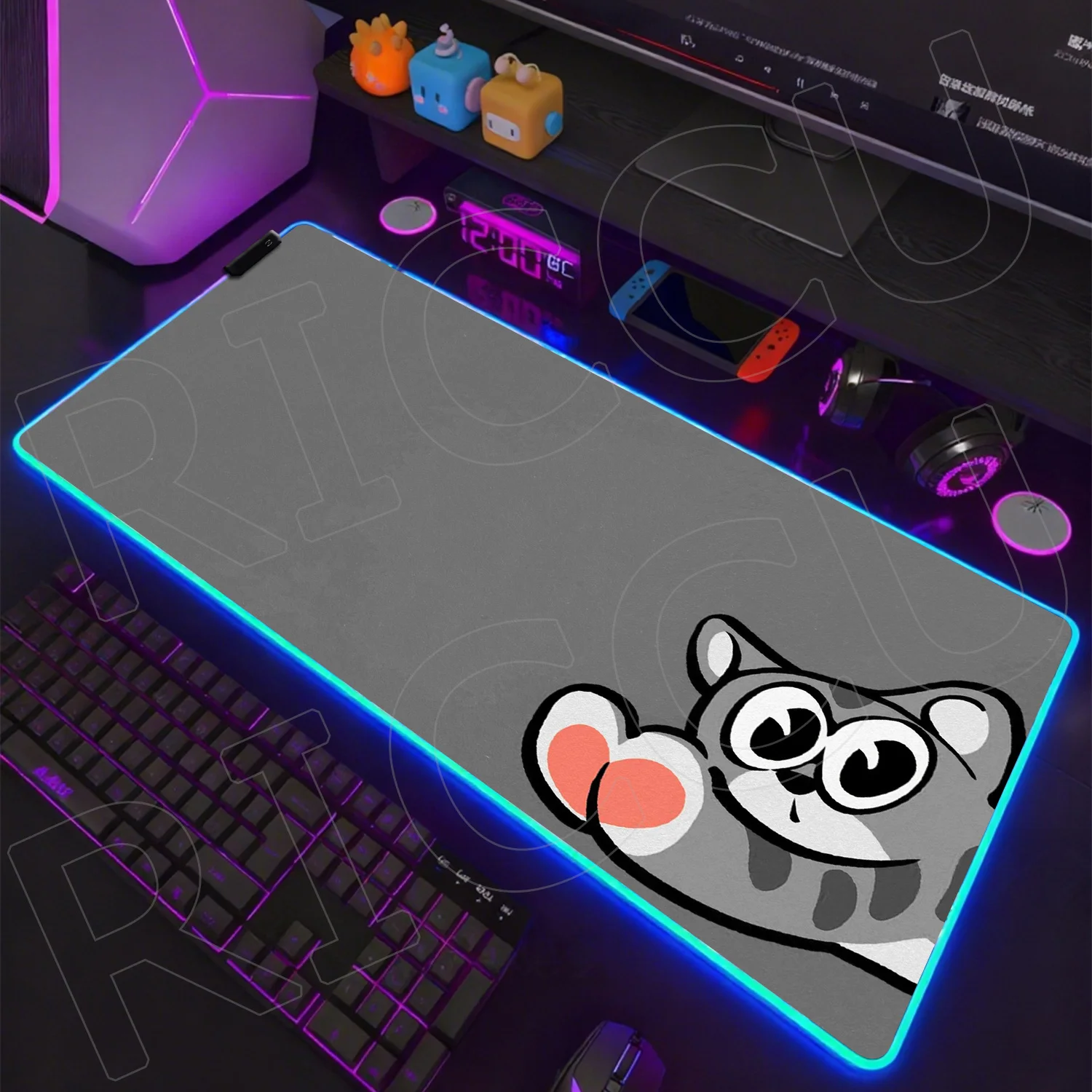 

RGB Large Fluid background Mousepad Black Cat Mouse Pad cute Mouse Mat Computer Office Accessories LED Desk Mat 1000X500MM Pad