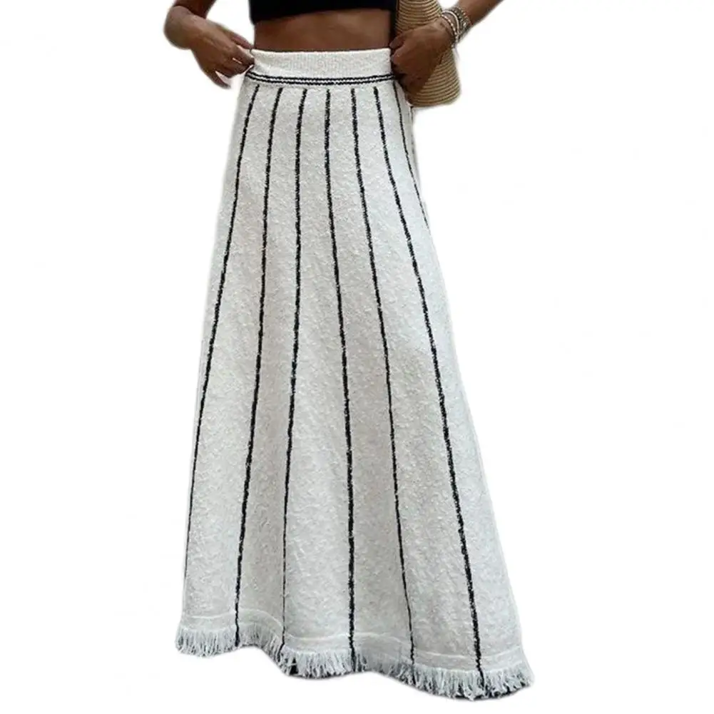Women Skirt Striped Print Tassel Hem Knitting Skirt for Women High Waist Elastic Long Skirt with Irregular Design Loose Fit Knit