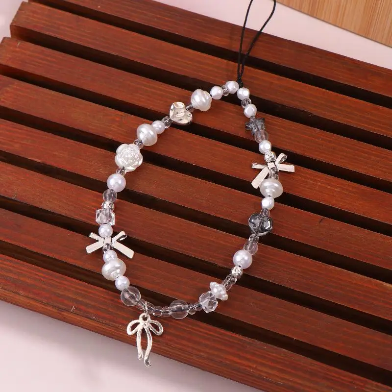 1 قطعة Y2K الفضة القوس قلادة هاتف محمول الحبل الجمالية مطرز سلسلة هواتف المحمول مكافحة خسر معصمه المفاتيح للفتيات هدية #5