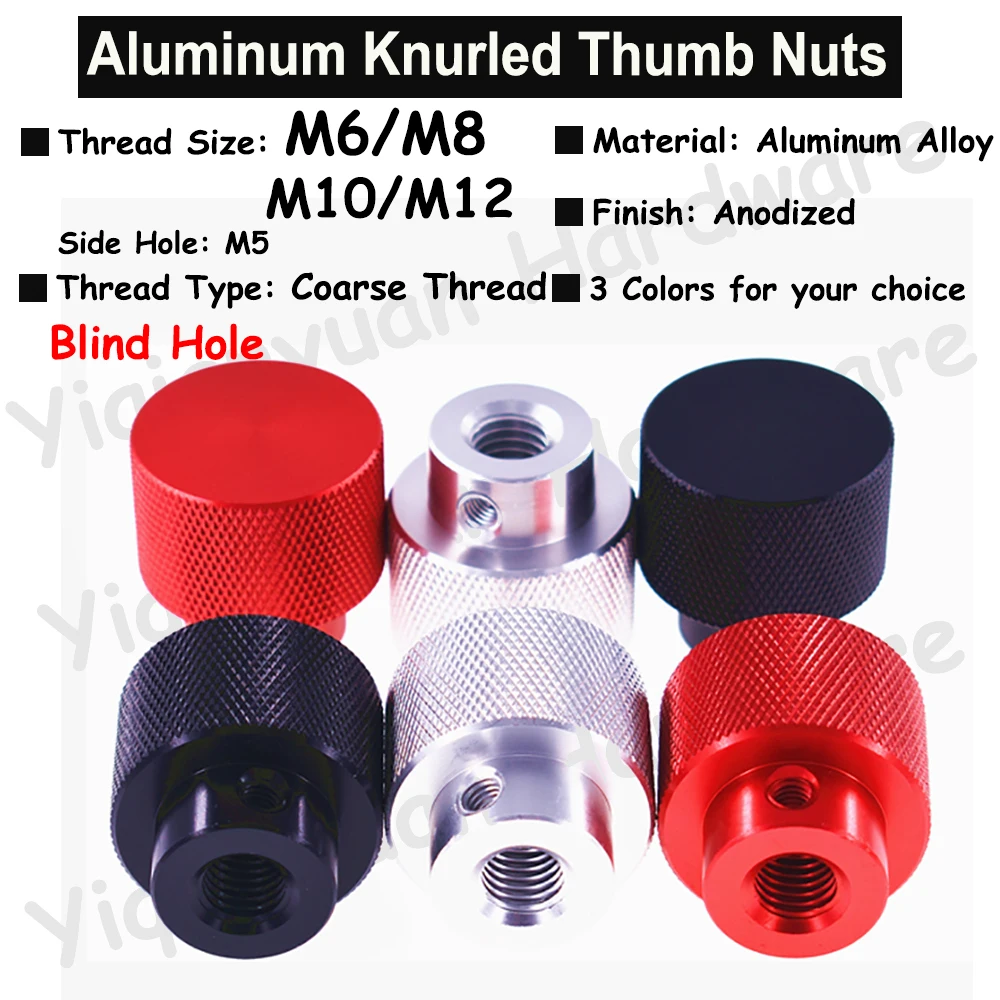 2Pcs M6 M8 M10 M12 Aluminum Colourful Thumb Nuts Knurled Hand Tighten Colored Nut with Side Hold M5 Positioning Nut Blind Hole