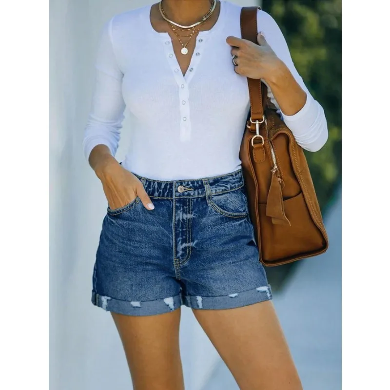  شورت جينز مستقيم متوسط الارتفاع 2025 - قطن غسيل داكن للمكتب والملابس الكاجوال #4