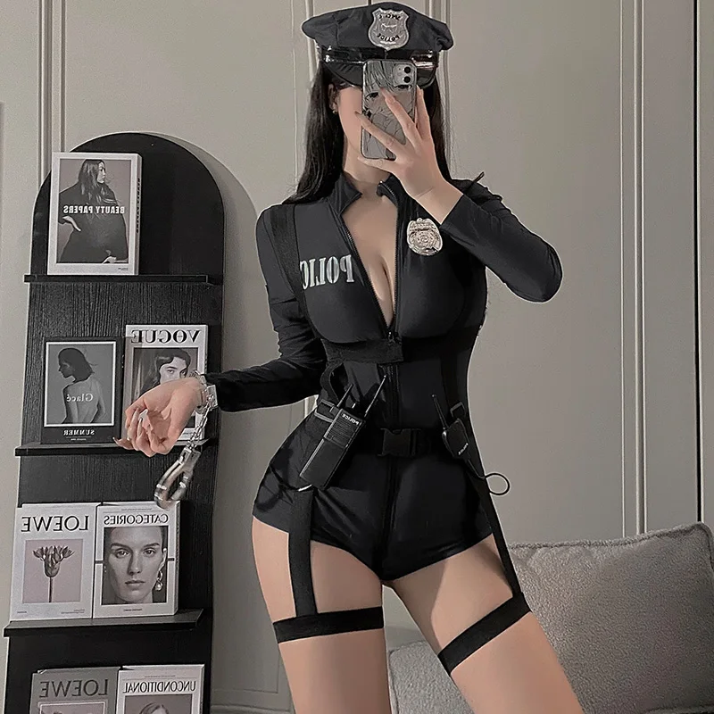 Sex Club Female Locomotive Police Double Head Zipper Free Crotch Cosplay Uniform Female Femboy Sexi Lingerie Sets Skirt 18 Sexy