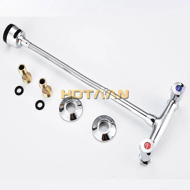 Wall Mounted Kitchen Faucet Hot & Cold Water Mixer Crane Dual Handle Dual Hole Kitchen Sink Tap Copper Chrome Plated YT-6029