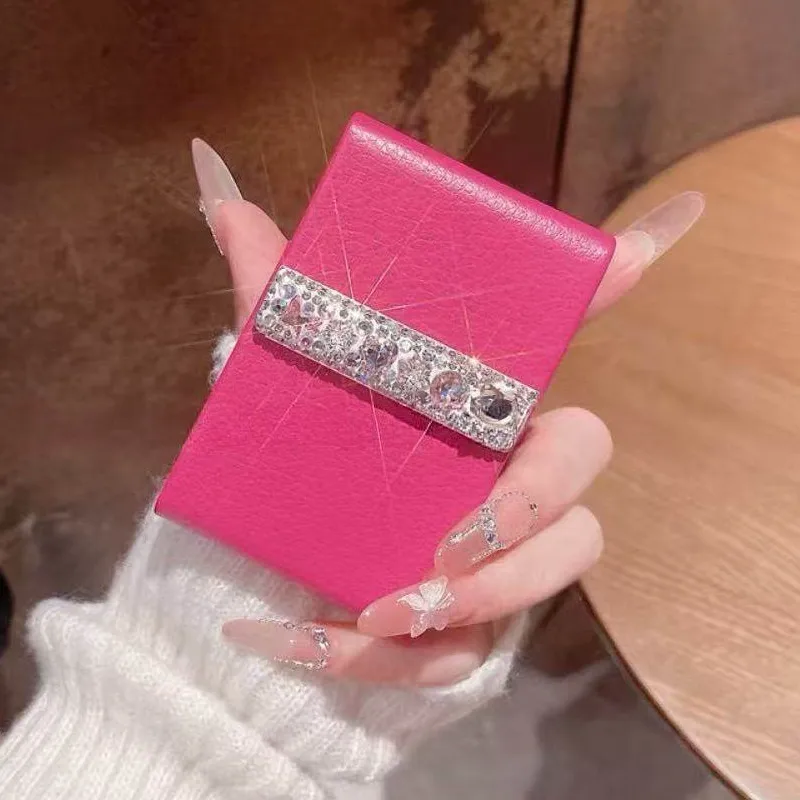 

Women's Thin PU Leather Metal Cigarette Case with Rhinestones Portable Anti-pressure Business Card Holder Smoking Accessory