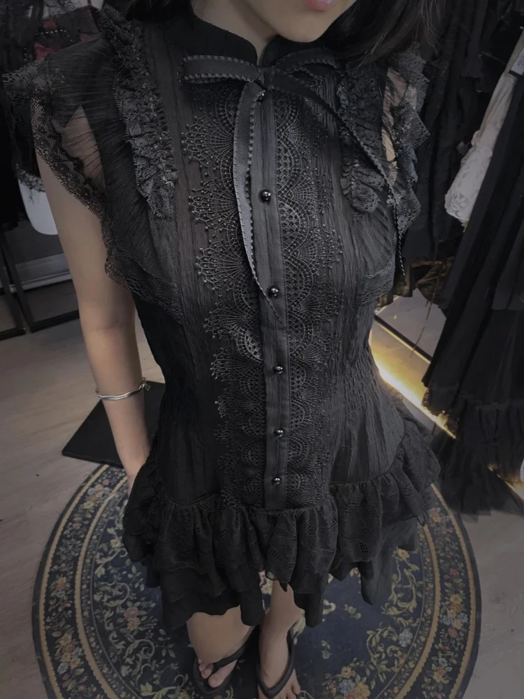 Black Gothic Vintage Slim Lace Summer Dress Women Y2k Design Sense Skinny Dresses New Fashion Female Hottie Retro Outfits 2025 - Image 3