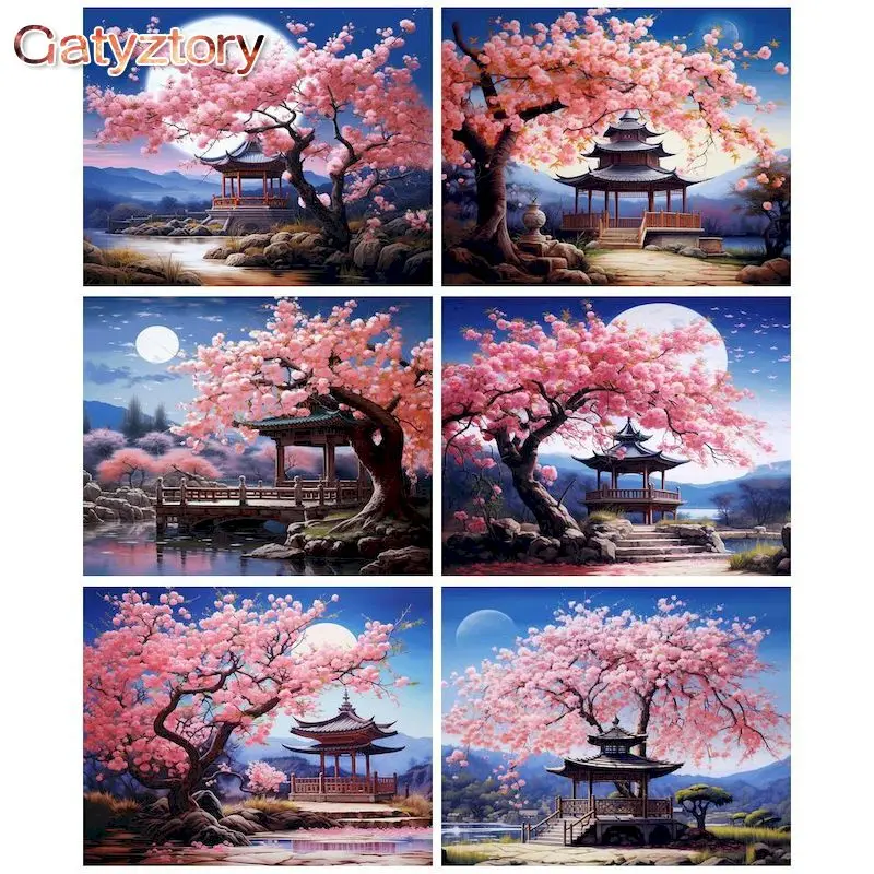 

GATYZTORY Peach Blossom Tree Landscape DIY Painting By Numbers Framed Oil Paints Kits Acrylic Pigment On Canvas Digital Craft Ho