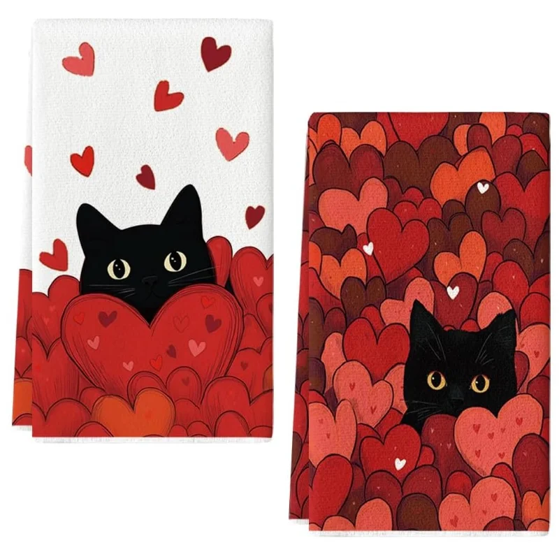 2Pcs, Heart-Shaped Black Cat Kitchen Towels, 40Cm*60Cm Towel Set, Super Absorbent Soft Cleaning Cloth, Cooking and Baking Tea Towel, Hand Towel, Cleaning Cloth, Dishwashing Cloth, Kitchen Decoration, Living Room Decorations, Kitchen Essentials, Home Essentials