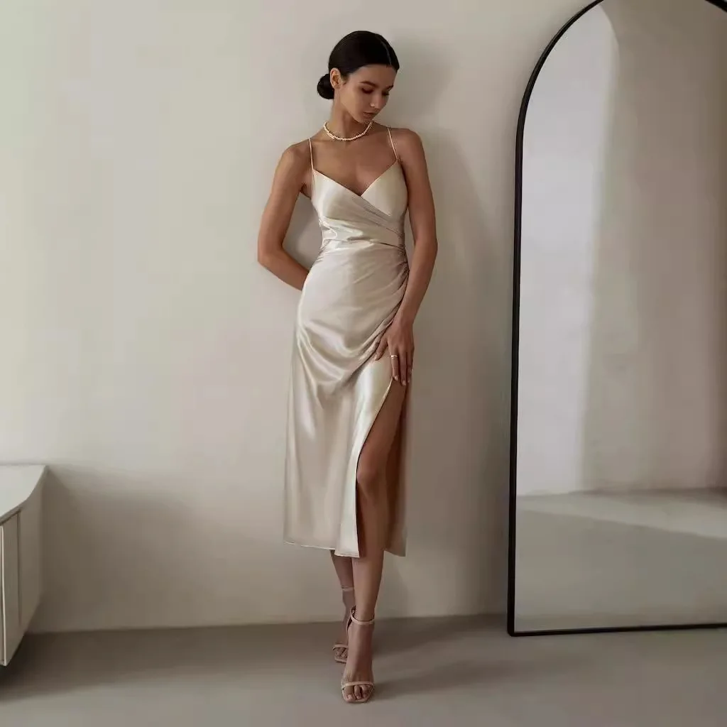 Meninas quentes cetim cinta de espaguete vestidos longos feminino sexy com decote em v dobra magro fenda vestido moda na moda festa banquete clube vestidos