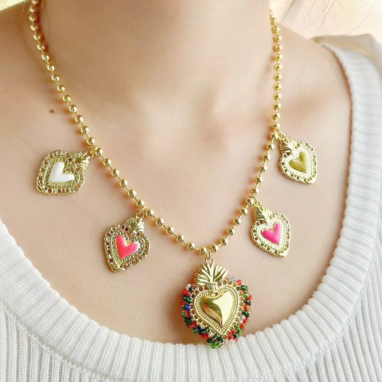 Gold Beads Sacred Heart Amulet Pendant Necklace God crown Chain Necklaces Christian Mexican Catholic Jewelry