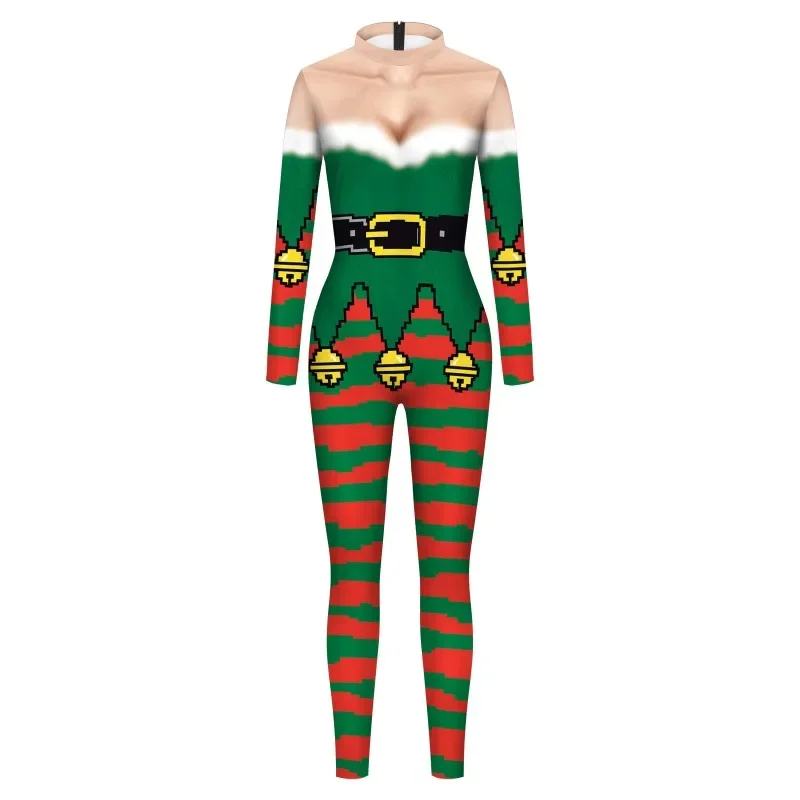 Christmas Women Jumpsuit 3D Print Cosplay Costume Xmas Red Stripe Performance Costume Ladies Party Bodysuit Zentai Suit Adult