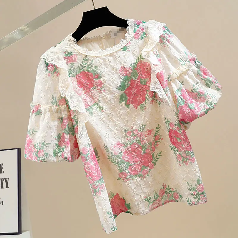 Matakawa Puff Sleeve Floral Blusas Mujer Ruffles Spring Summer Vintage Sweet Women Blouses Korean Fashion Elegant Shirts