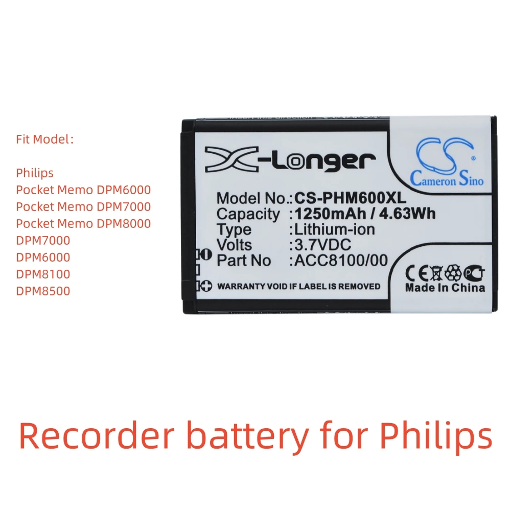 

Li-ion Recorder battery for Philips,3.7V,1250mAh,Pocket Memo DPM6000 DPM7000 DPM8100 DPM8500,ACC8100 ACC8100/00 8403 810 00011