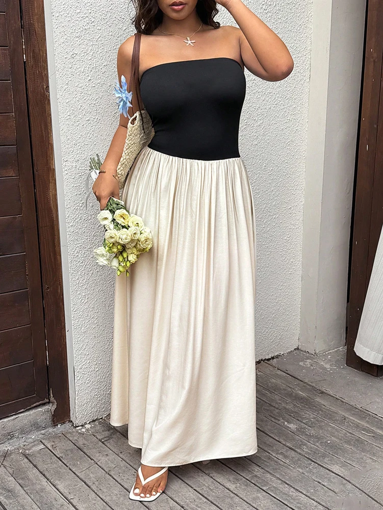 プラスサイズ 春/夏 リゾート カジュアル カラーブロック ストラップレス ドレス パッチワーク カラーブロック フィットトップ ルーズヘム付き