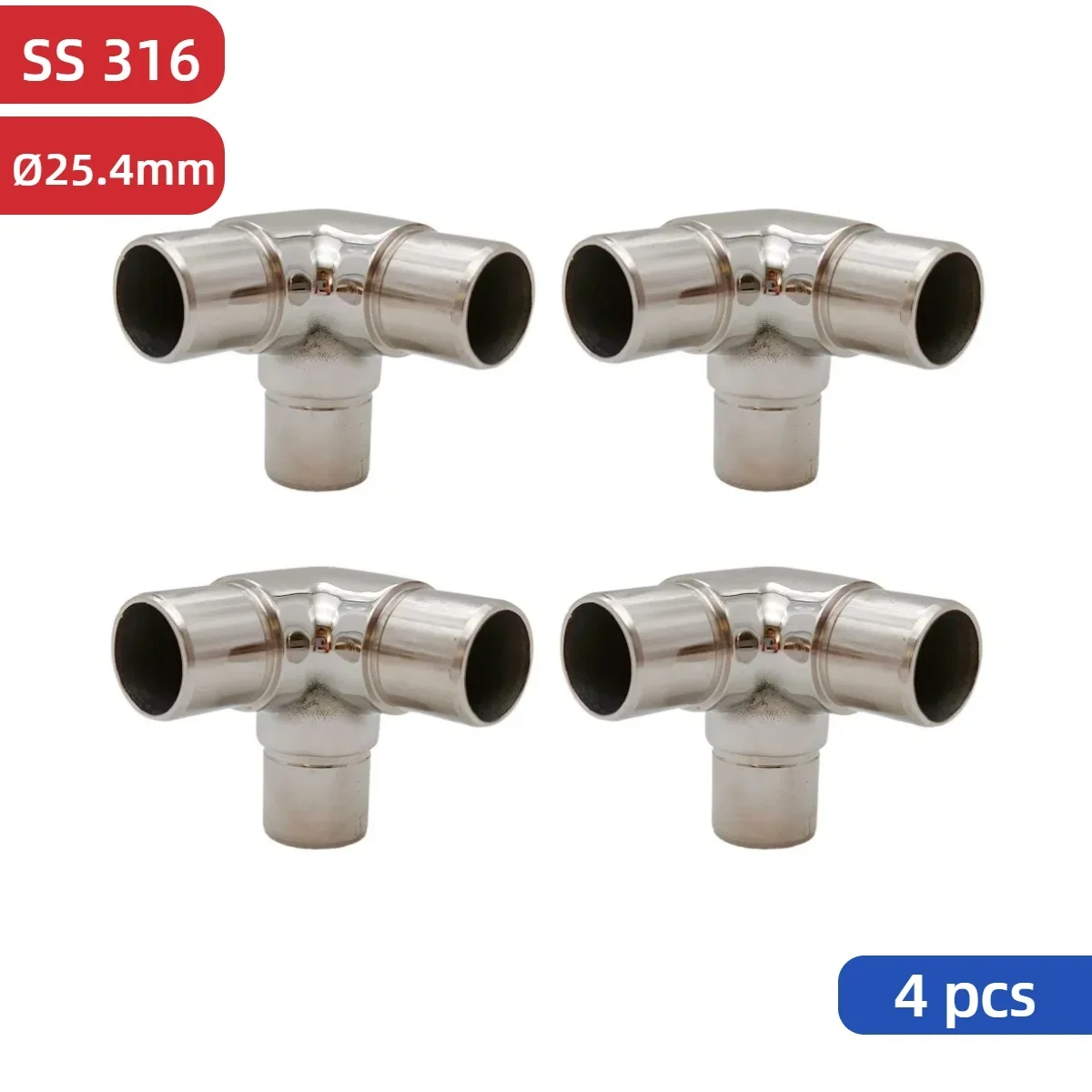 

4 pcs 316 Stainless Steel 25.4mm Stair Railing 3 Way 90 Degree Corner Handrail Tube Joiner