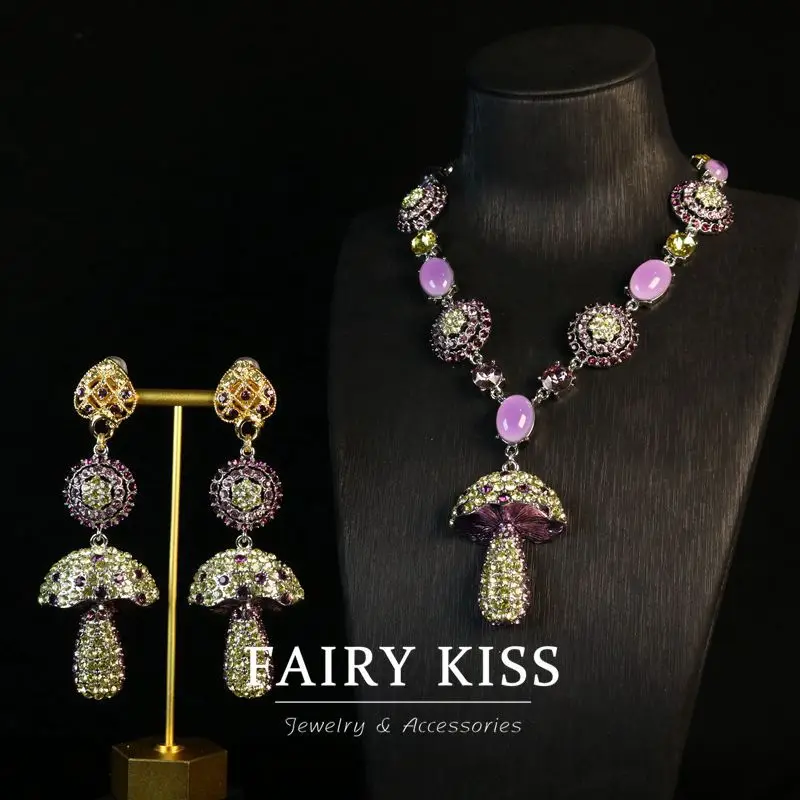 Refined Personalized Mushroom Necklace Suit Geometry Pattern in Purple Dense Diamond-Filled High-Grade Sense All-Matching Elegan