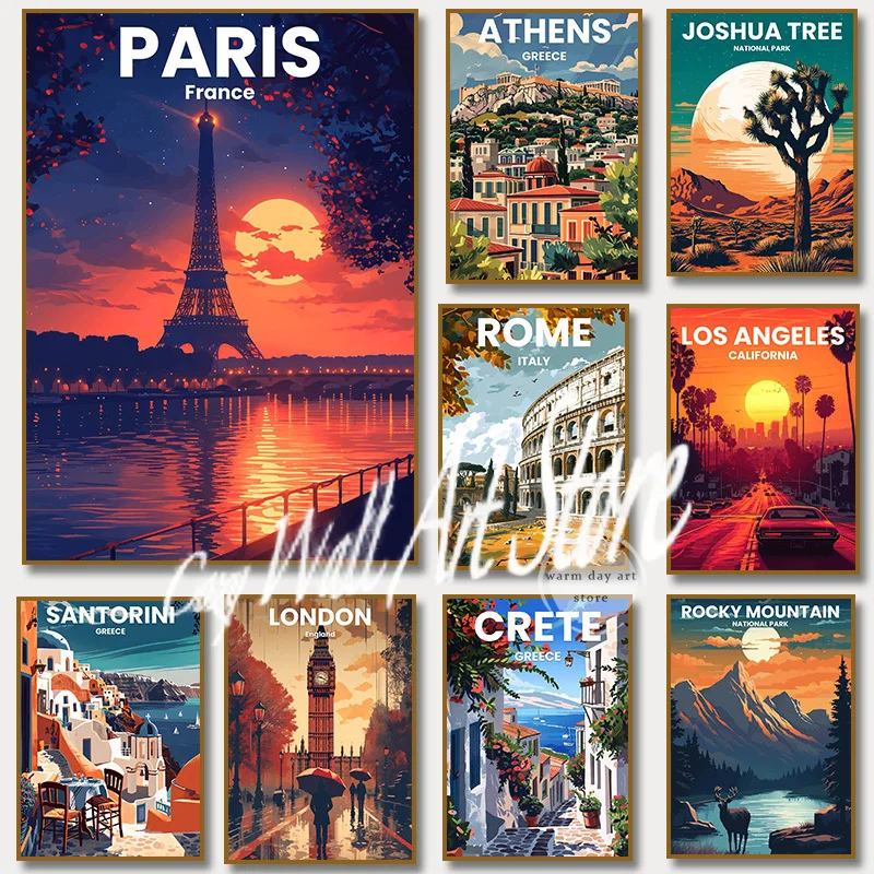 Los Angeles Santorini Greece Rome Paris London Manhattan Travel Painting Canvas Print Poster for Living Room Home Decor Gift