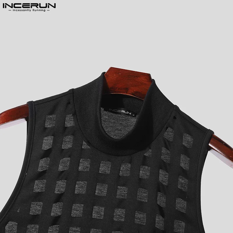 INCERUN Men Tank Tops Hollow Out Solid Color Turtleneck Sleeveless Casual Male Vests Sexy 2024 Streetwear Fashion Men Clothing