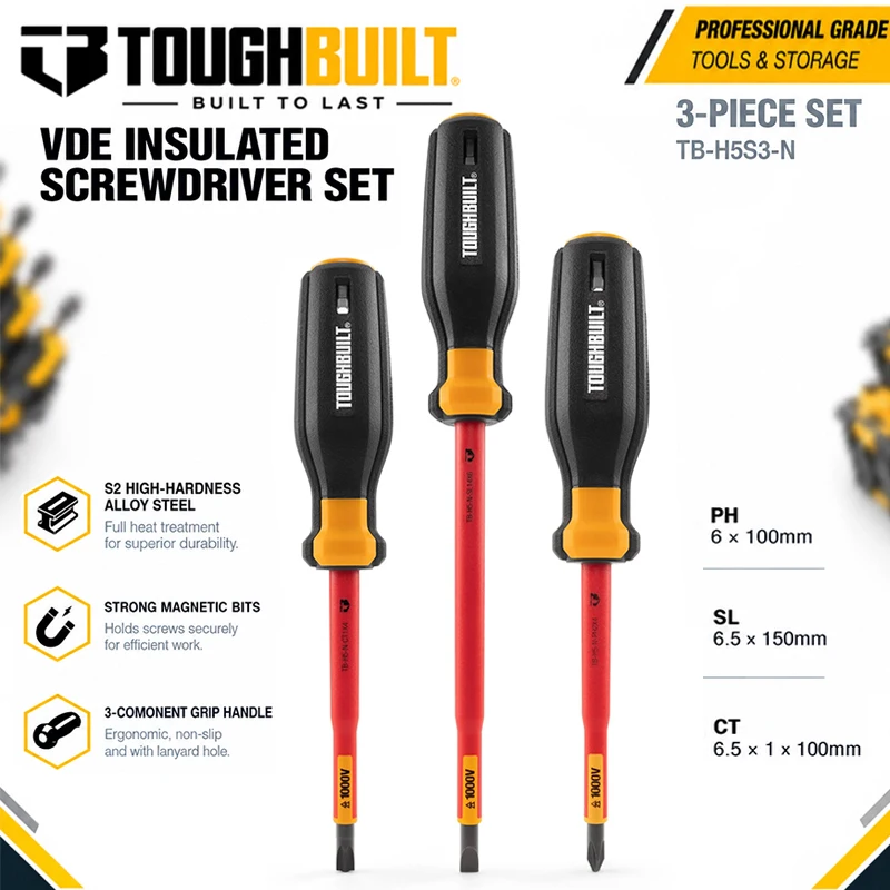 TOUGHBUILT TB-H5S3-N VDE Insulated Screwdriver 3-Piece Set S2 Alloy Steel Magnetic Tip Electrician Hand Tool