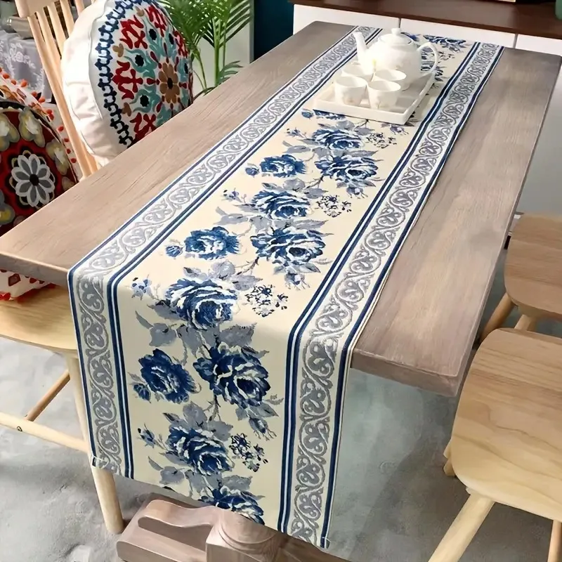 Home Decoration Table Cover Reusable Rectangle Blue Rose Plaid Print Restaurant Room Banquet Flower Decoration 1PC