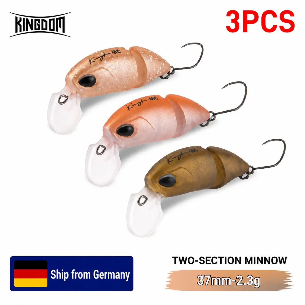 KINGDOM 3-teiliger zweiteiliger schwimmender Minnow-Angelköder 37mm 2,3g Gelenkiger Hartköder Micro-Crankbait für Barsch, Forelle und Süßwasserfischen