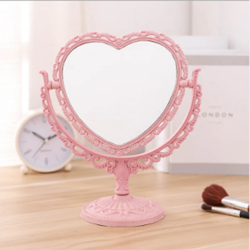 Heart Shaped Makeup Mirror Vintage European Style Acrylic Single Side Makeup Mirror 360 Degree Swivel Desktop Makeup Tools