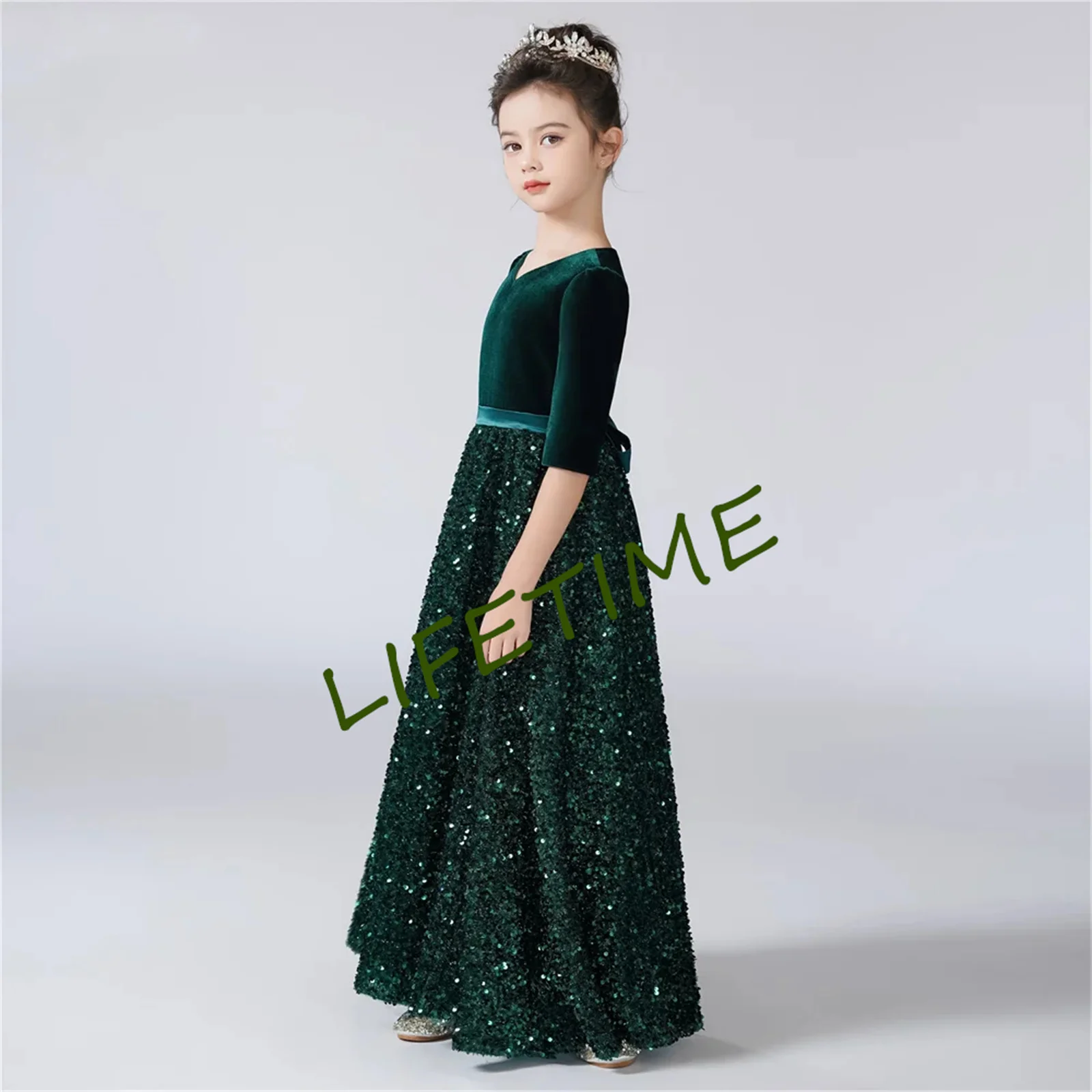 

V-Neck Three-Quarter Sleeves Dress For Girl Sequins Shiny Flower Girl Dresses Kids Birthday Formal Princess Gowns