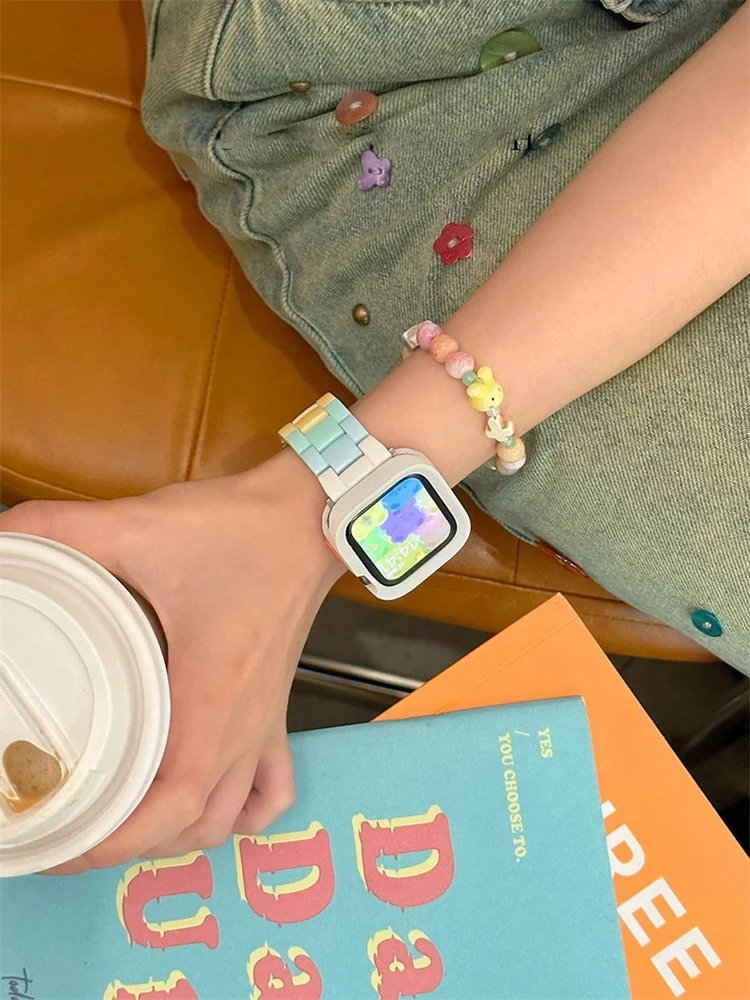 สายรัด Ultra2สีลูกกวาดน่ารักเกาหลี + สายรัดเคสสำหรับ Apple Watch 49 45 44มม. 41 40 Correa ผู้ชายผู้หญิงสำหรับนาฬิกาซีรีส์9 8 7 SE