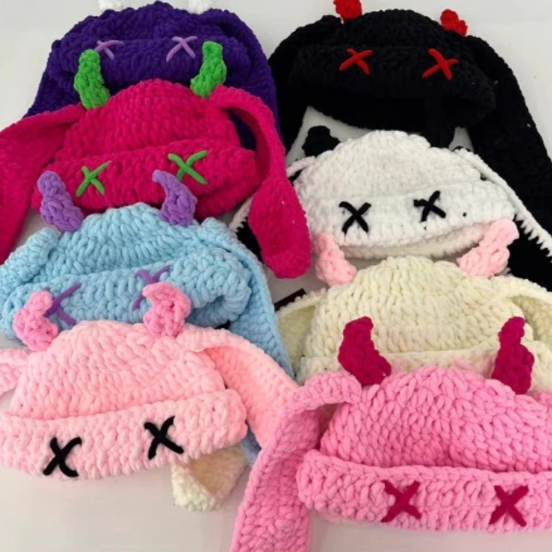 1pcs Cute and Funny Little Devil Long Ear Knitted Hat Autumn and Winter Wool Hat Warmth Ear Protection Handmade Cow Horn Hat