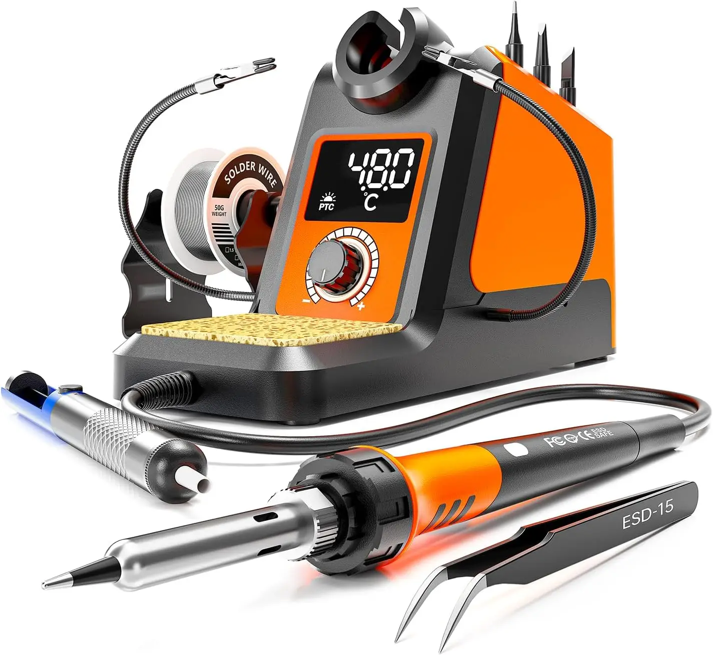 

Digital Soldering Iron Station Kit with 5 Tips, Clamps, Solder Wire, Sucker, Tweezers, and Phillips Screwdriver