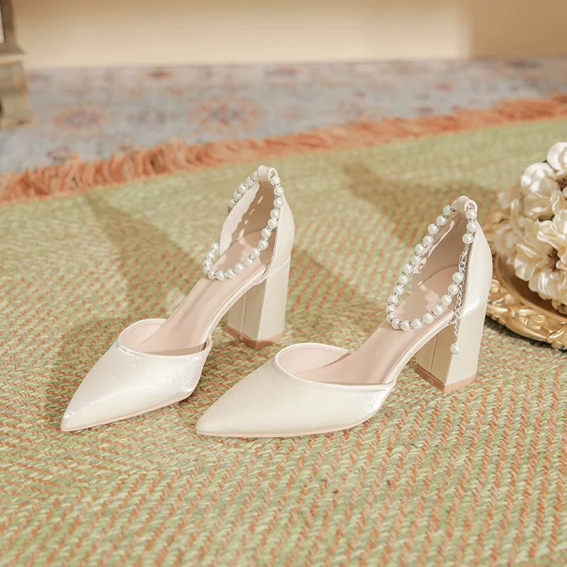 Size 30-44 Chunky Heel Pointed Toe Hollow Pearls Buckle Satin Apricot All-match High Heel Wedding Shoes Women