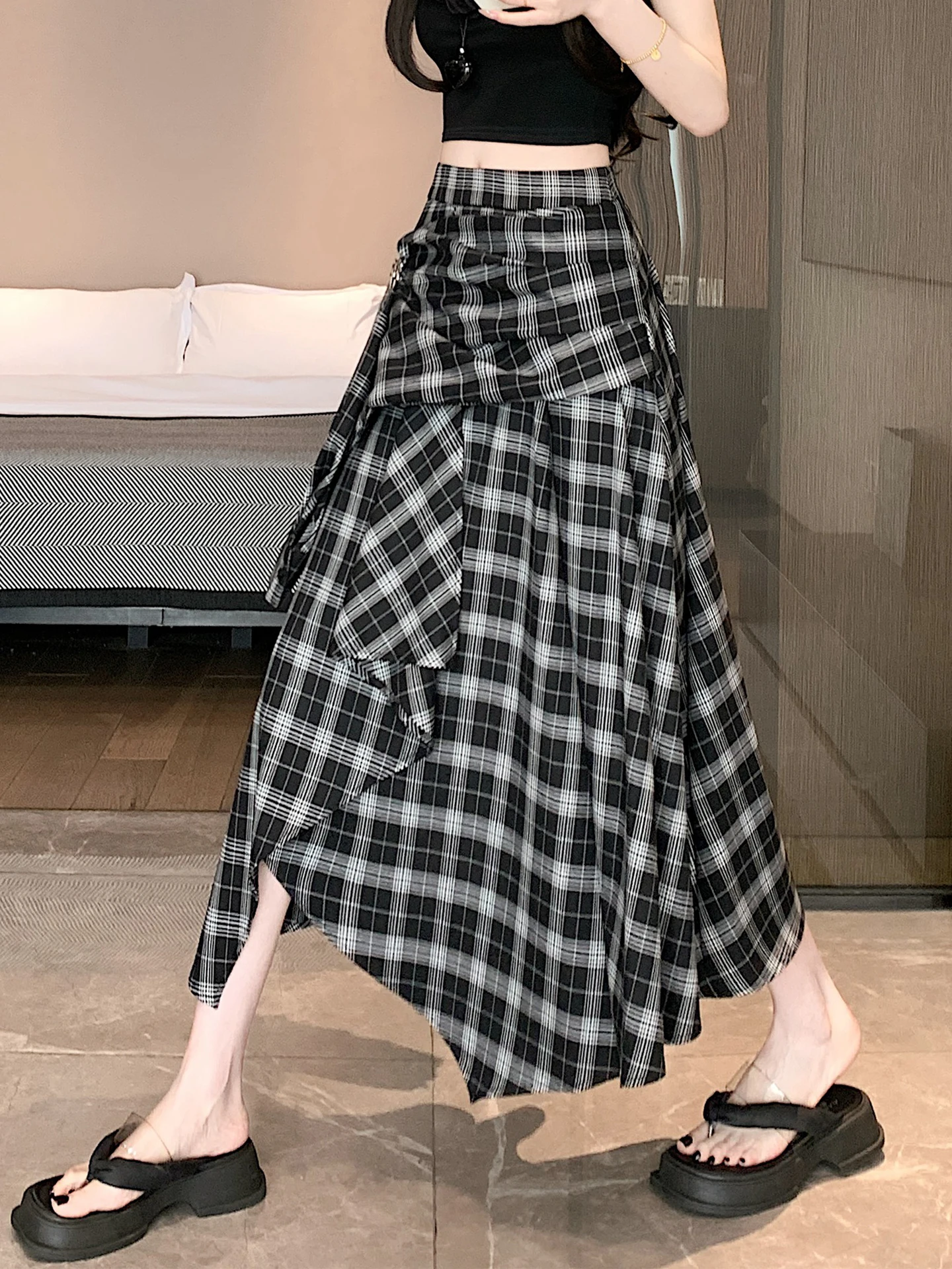 

Retro Plaid Midi Skirt Women's Spring Summer New Age Reduction High Waist A-Line Skirt College Sle f-length Skirt