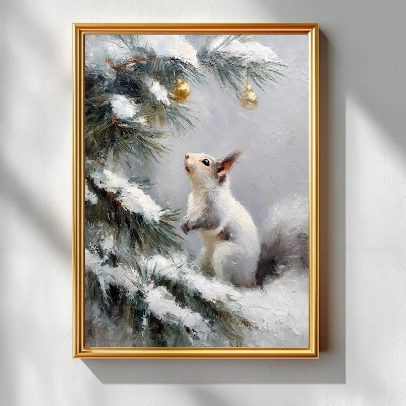 Winter Schnee Szene Eichhörnchen Weihnachten Wandkunst, Poster Drucke, Weihnachtsposter Wandkunst Rahmenloses Leinwand Wandkunst Poster