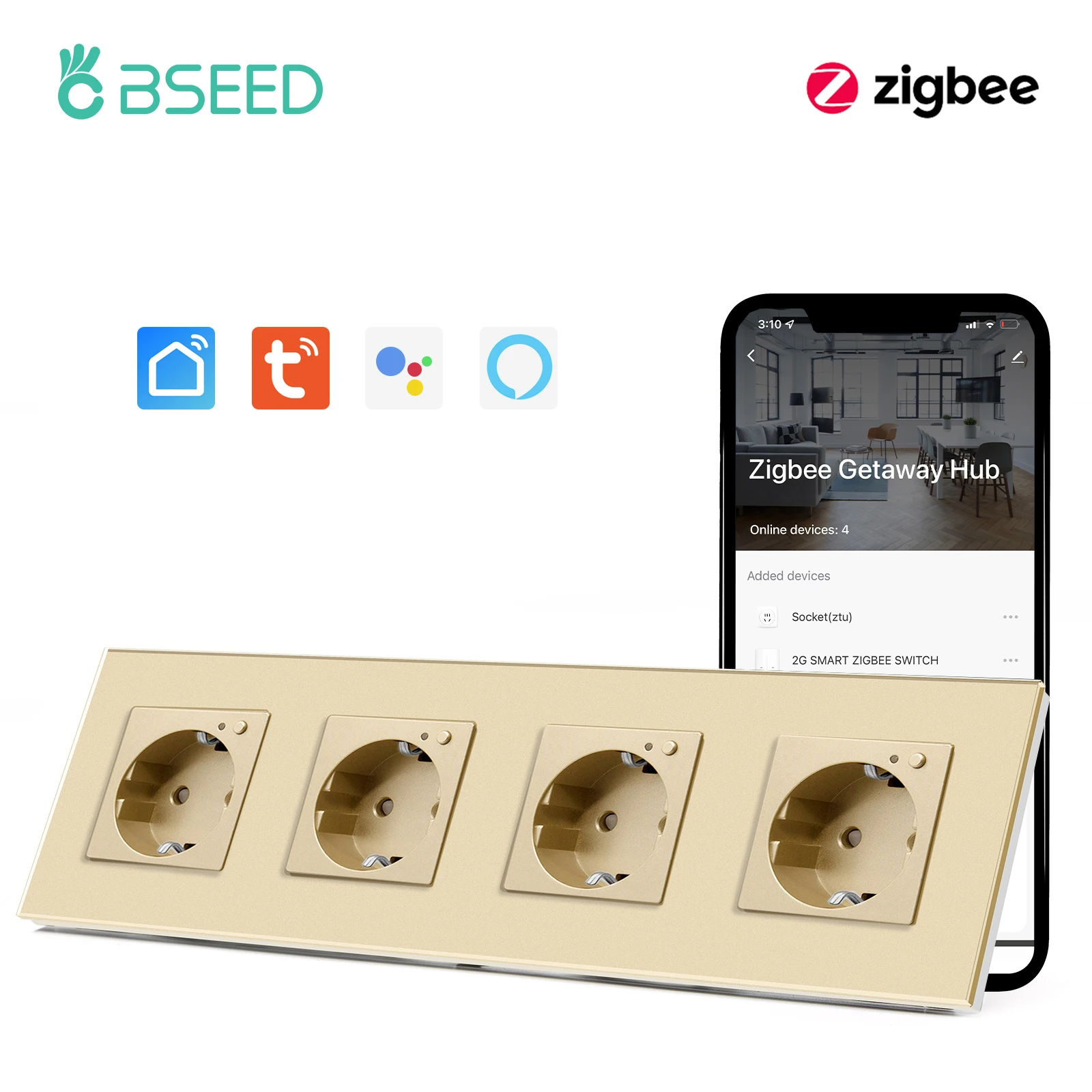 BSEED EU ZigBee Wand Steckdosen Vierbett Steckdosen 16A Power Monitor Steckdosen Glas Panel Unterstützung Tuya App Google Alexa Voice Control 8