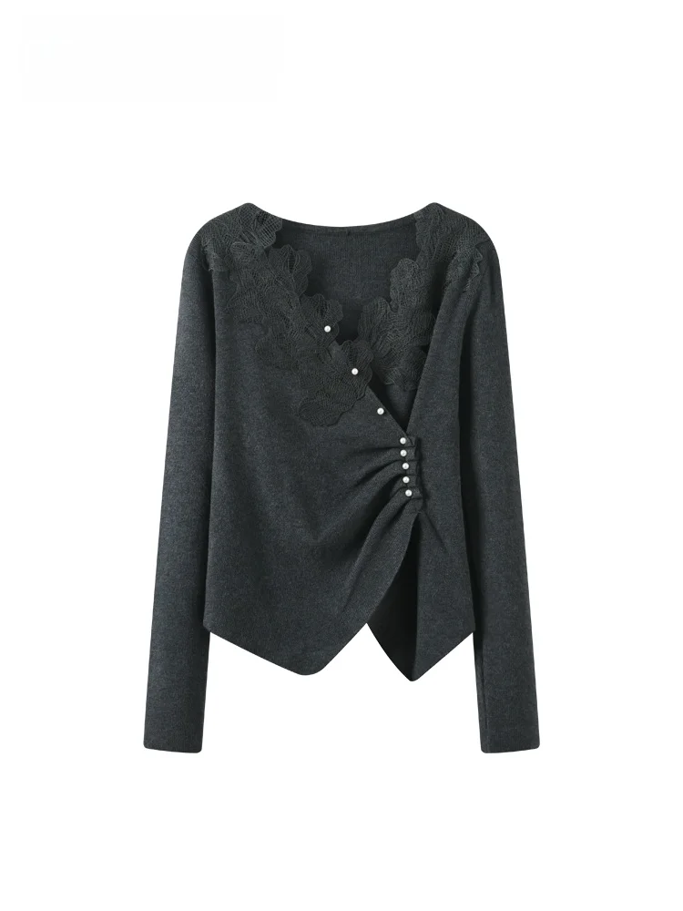 

Модный женский топ больших размеров с кружевными вставками, длинными рукавами и V-образным вырезом, из полиэстеровой смеси, для осени и весны, для ношения под одеждой.