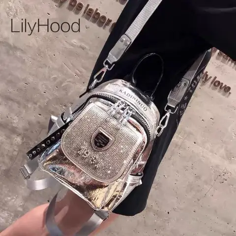 Sac à dos en cuir végétalien avec biscuits brillants pour femme, sac à dos de voyage, petite taille, argent, mode des années 90, décontracté, coréen, Mn Rivet