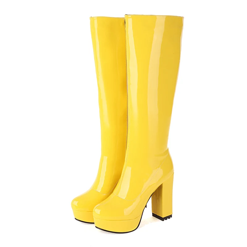 Botas hasta la rodilla con plataforma para mujer, botas altas sexis de charol para mujer, zapatos de fiesta blancos, rojos, amarillos y verdes, talla grande para invierno