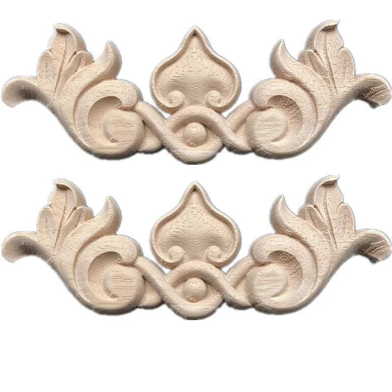 2PCS Carved Flower Carving Wood Appliques for Furniture Cabinet Unpainted Wooden Mouldings Decal Decorative Figurine