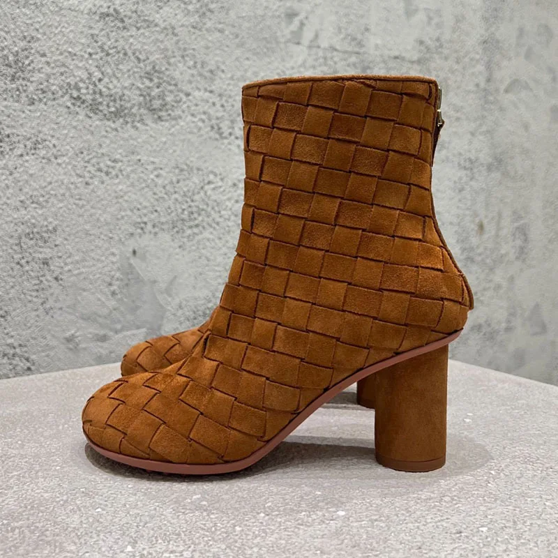 High Quality Suede Genuine Leather Woven Loose Round Toe High Heel Ankle Boots Women Fashion Casual Runway Short Boots