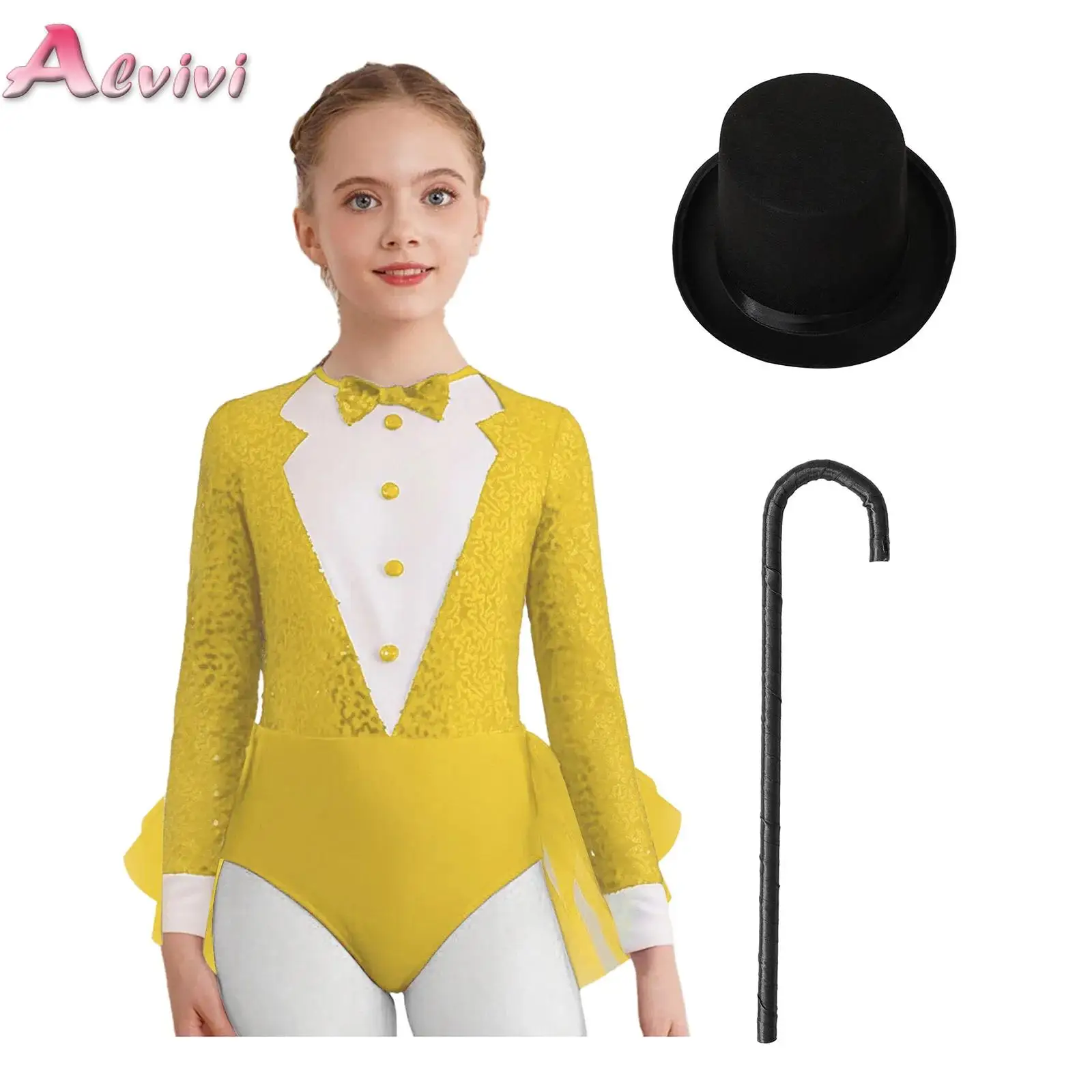 

Kids Girls Jazz Dance Tulle Skirted Leotard with Hat And Crutch Set Halloween Sequins Circus Ringmaster Magician Cosplay Costume