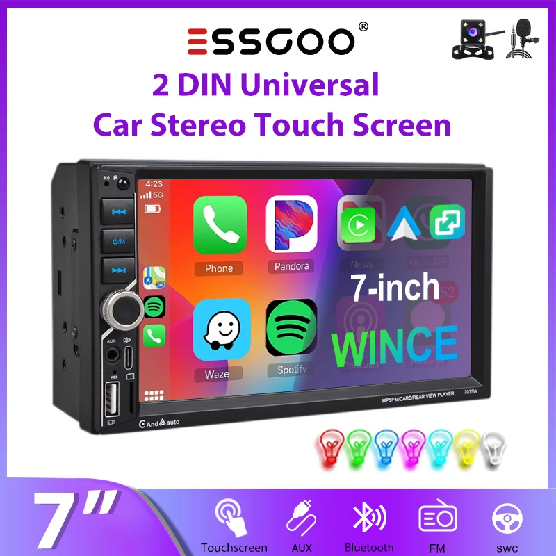 Universal Autoradio ESSGOO 7" 2 DIN IPS-Touchscreen Wireless CarPlay Android Auto Multimedia MP5-Player Bluetooth USB AUX TF FM Mirror Link Lenkradsteuerung Typ-C 7 Beleuchtungsfarben