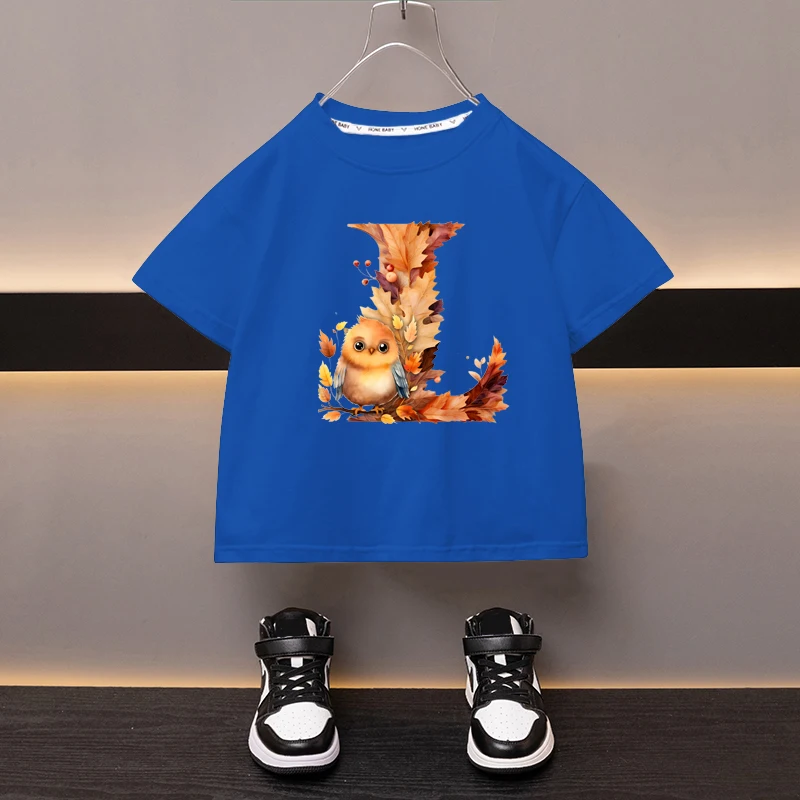 Foglie d'acero lettera L T-Shirt per bambini vestiti Kawaii per ragazze T Shirt Anime cartoni animati Casual Kid Boy manica corta top nuovo 2024