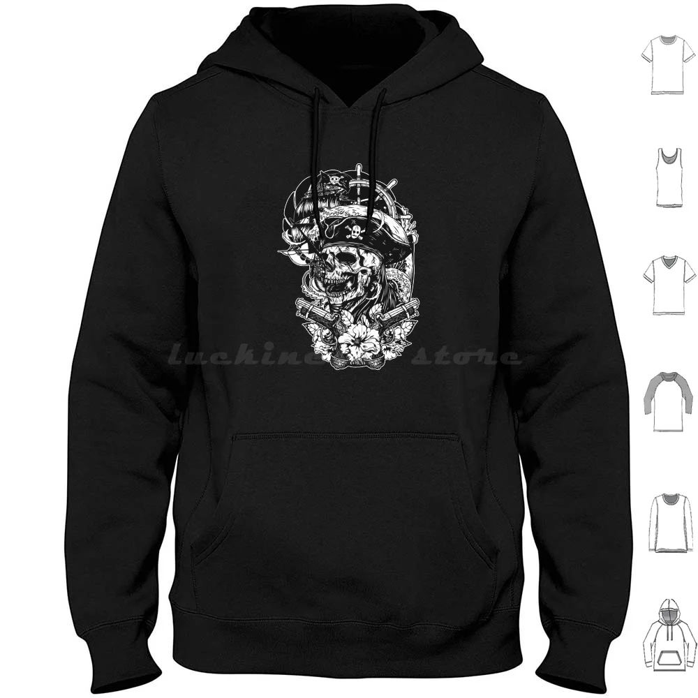 Pirate Skull And Flower Hoodies Long Sleeve Funny Pirate Cute Pirate Meme Pirate Trending Pirate Trendy Pirate Humor