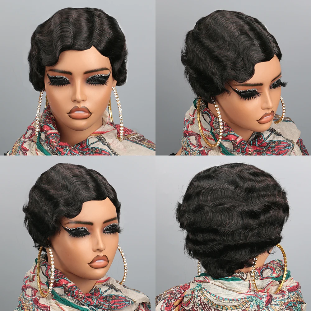 Short Pixie Cut Human Hair Wig, Finger Ocean Wave, Full Machine Made