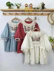 Mori kei clothing Japanese style lace collar cartoon girl embroider shirts and blouses chubby woman tops cute clothes lolita