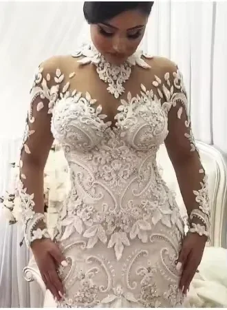 Abiti da sposa personalizzati Abito da sposa sexy a maniche lunghe Abito da sposa in pizzo Abito da sposa collo alto Robe De Mariage