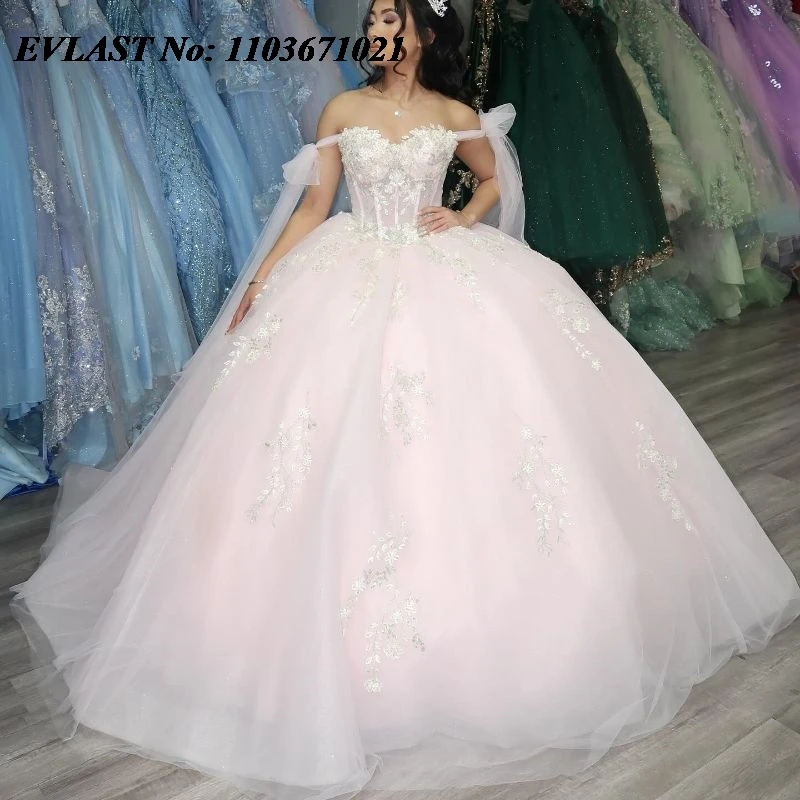 EVLAST Shiny Pink Quinceanera Dress Ball Gown Lace Sequins Applique Beaded Crystal Corset Sweet 16 Vestidos De XV 15 Anos SQ162