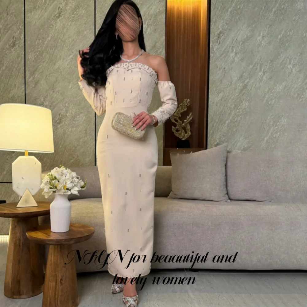 

NFYN Shiny Beads Strapless Formal Gown Three-Quarter Sleeves Backless Prom Dresses Satin Mermaid Evening Dress 프롬 드레스 Customized