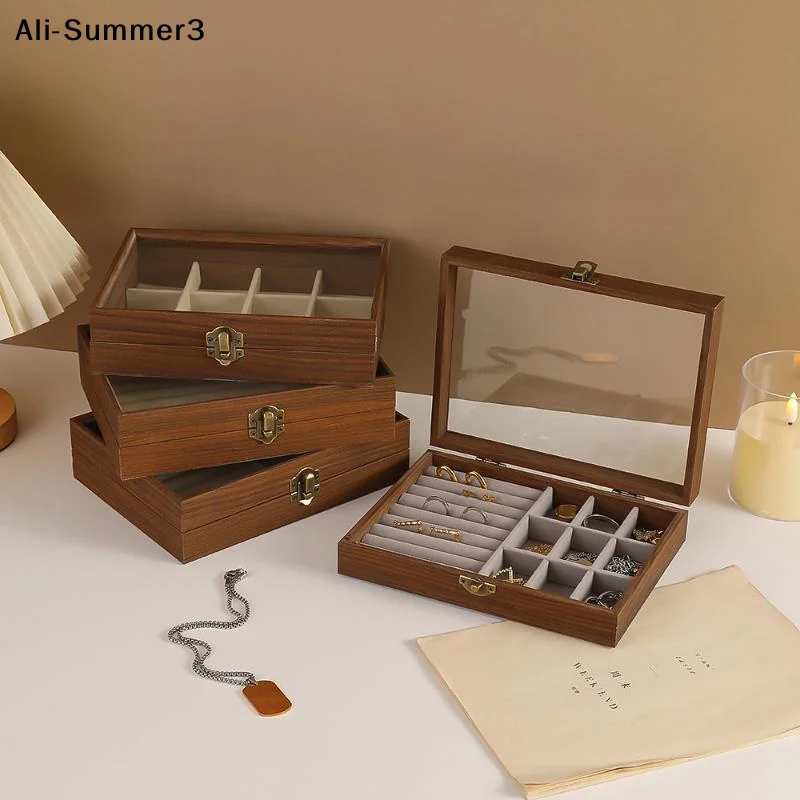 

【Wg3】Vintage Jewelry Wood Storage Box Velvet Glass Lid Jewelry Organizer Case Dust-proof Bracelet Ring Earring Display Holder