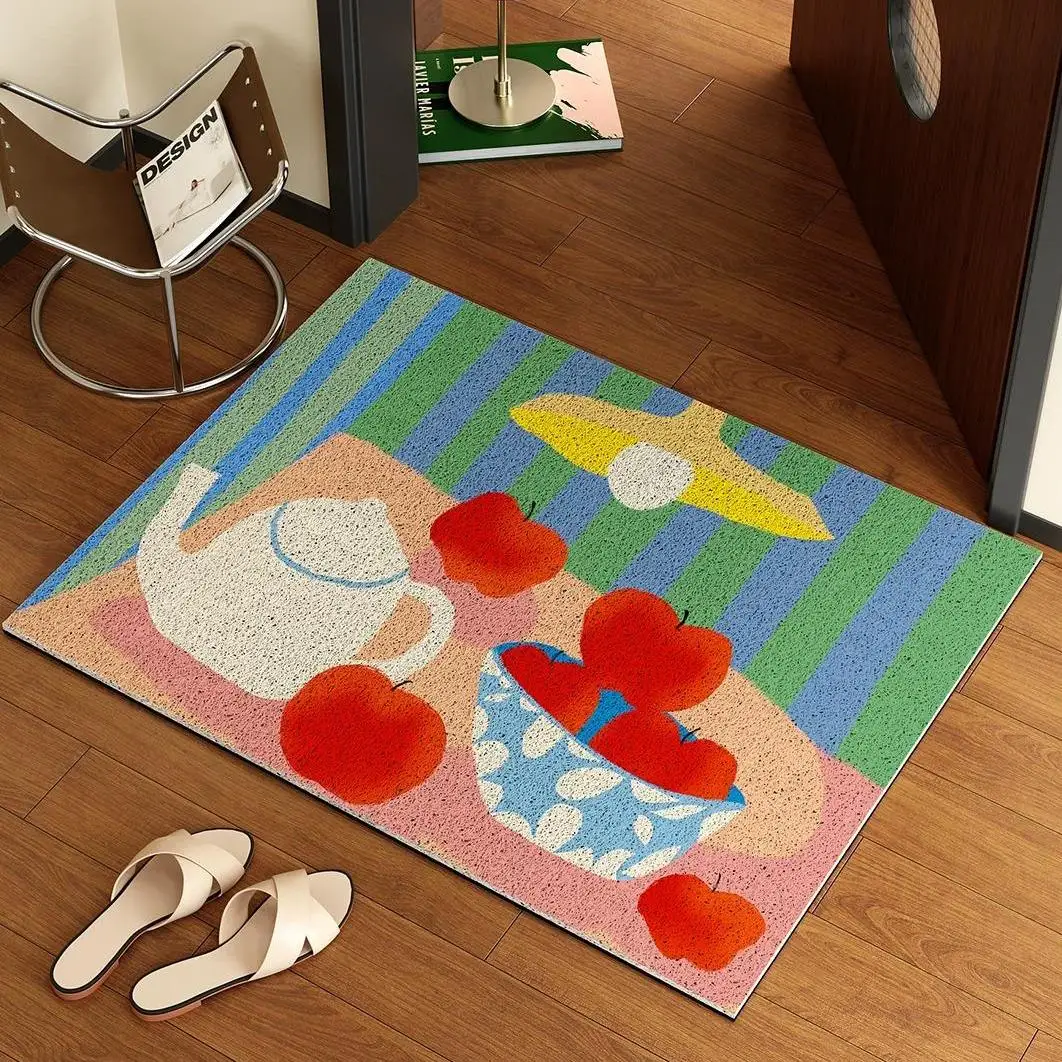 Modern Artistic Illustration Door Mat Heavy Duty PVC Wire Loop Mat Dirt Trapper Entrance Rug for Front Door Balcony Kitchen