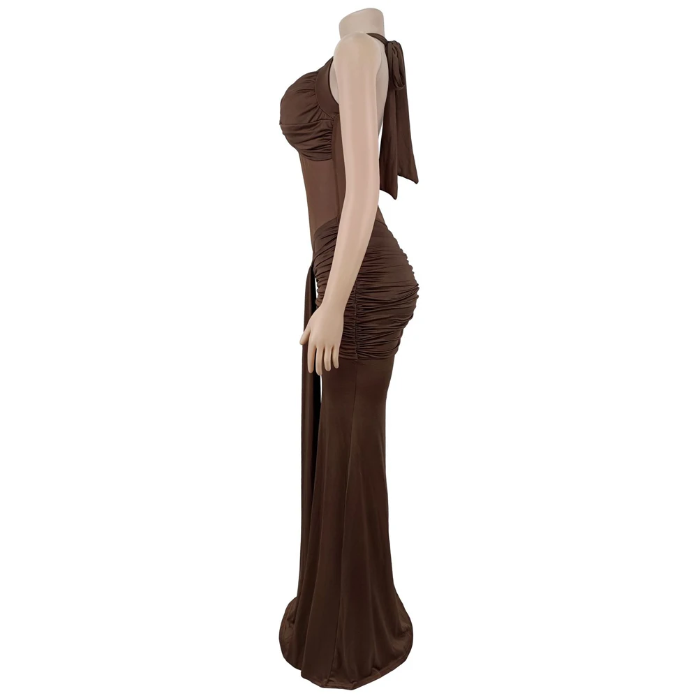 Sexy Transparentes Netzkleid mit Neckholder Rückenfreies Schnürkleid mit Vorderbindung Figurbetontes Partykleid Langes Abendkleid Clubwear Maxikleid für Damen – Detail 10
